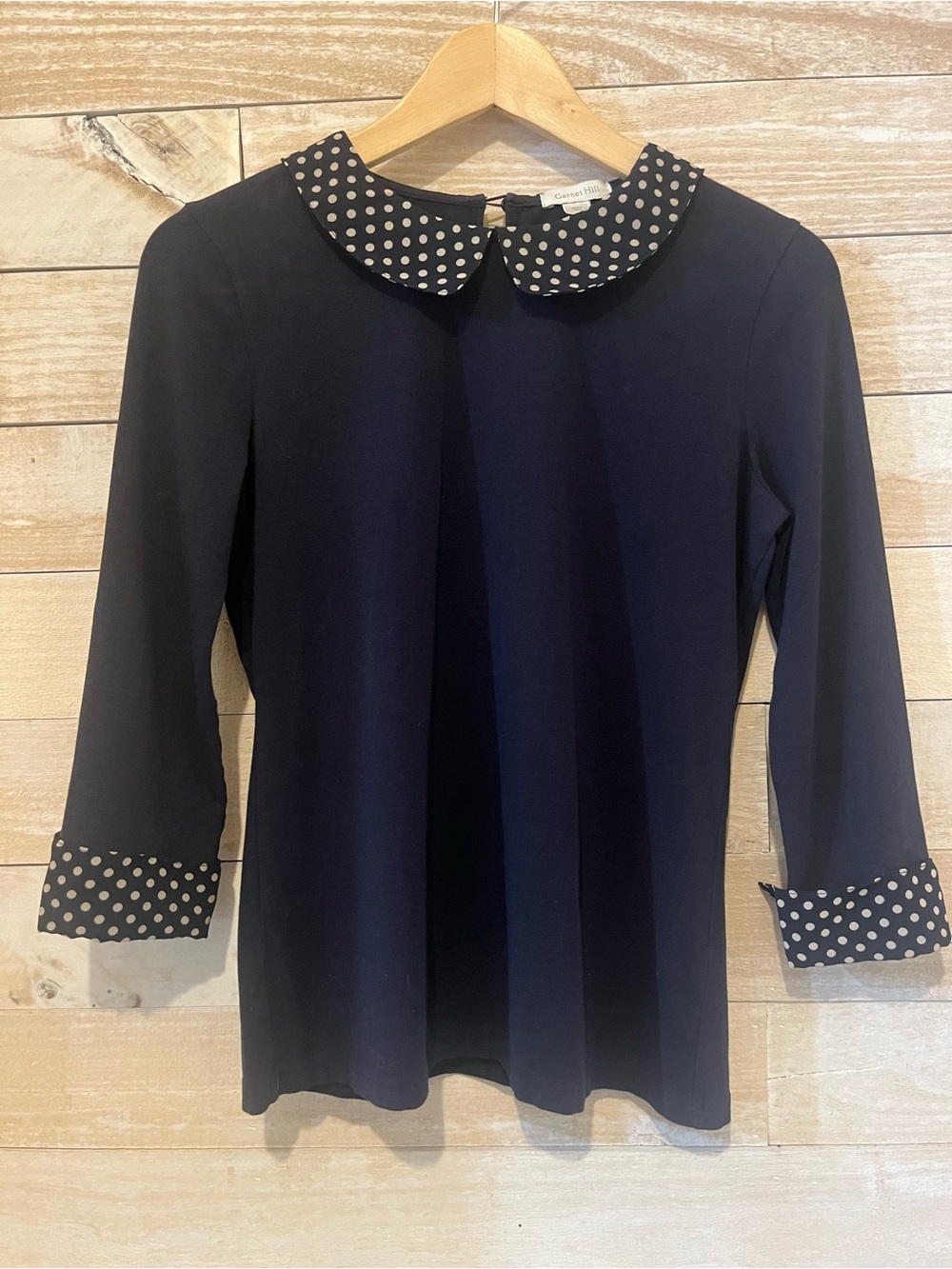 Garnet Hill Navy Blouse with Polka Dot Collar and Cuff